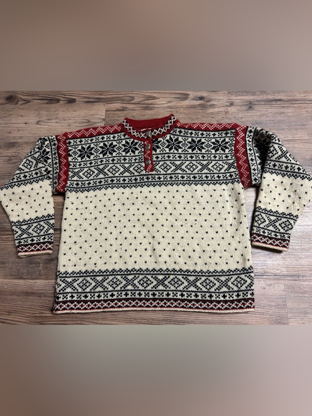 L.L. Bean Red Mock Collar Wool Blend Sweater Fair Isle Pattern Vintage